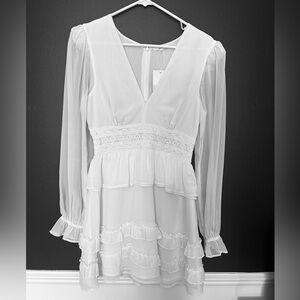 Tularosa White V-Neck Tiered Ruffle Dress
